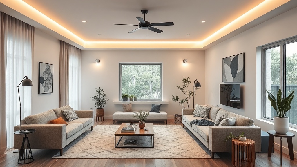 주백색 조명을 사용하여 현대적이고 아늑하게 꾸며진 거실 인테리어 전경