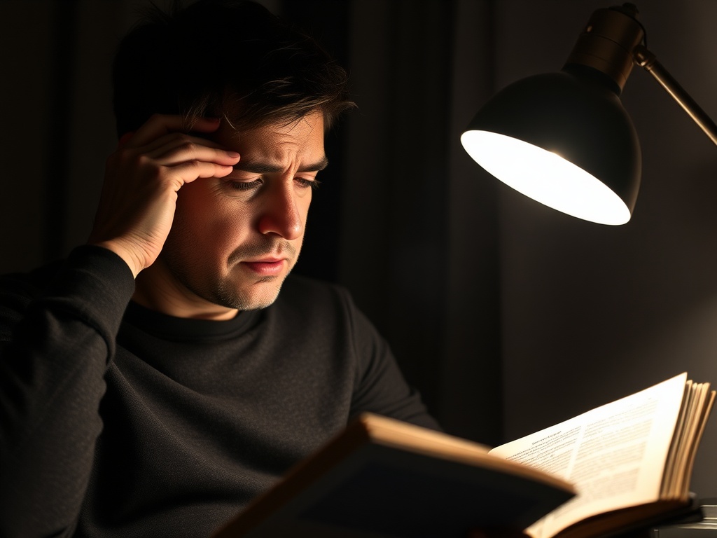 어두운 방에서 너무 밝은 스탠드 조명 아래 책을 보며 눈을 비비는 사람의 모습