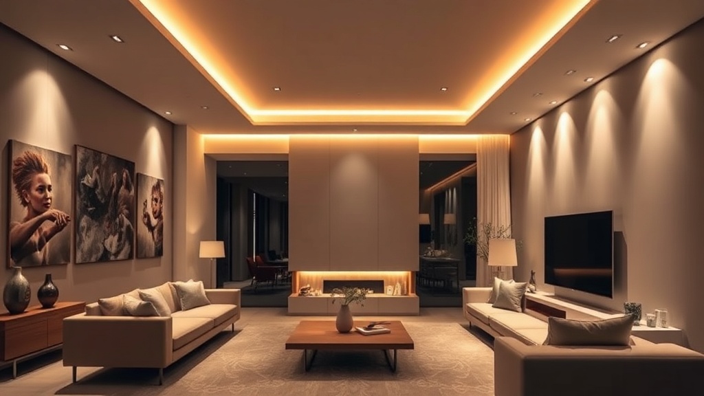따뜻한 전구색과 주백색이 조화를 이룬 현대적인 거실의 간접 조명 설계 모습